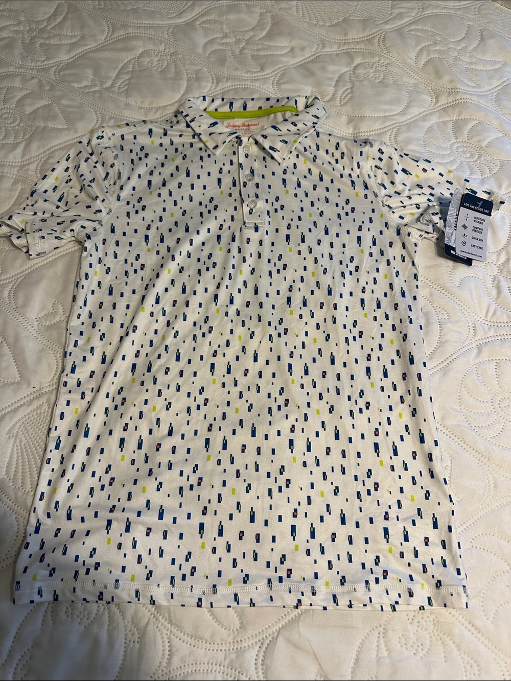 Tommy Bahama Boy’s White Polo with Navy & Yellow Dot Motif